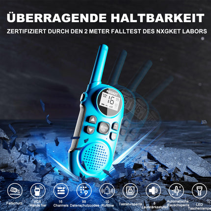 NXGKET Walkie Talkie Kids Adults Rechargeable, Walkie Talkie Set of 2 with Li-Ion Battery, Vox, 3km Range Radio Gift for Girls Boys 3-12 Years, Toy Walkie Talkie for Outdoors, Camping, Hiking