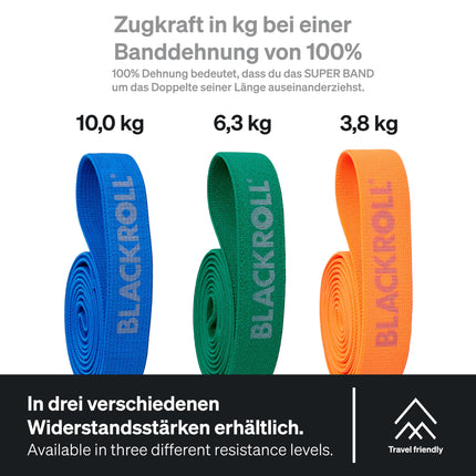 BLACKROLL® SUPER Band FITNESS BAND Set (3-pack), exercise bands for strengthening muscles, flexible resistance bands in 3 strengths: light (orange), medium (green) & strong (blue), Made in Germany