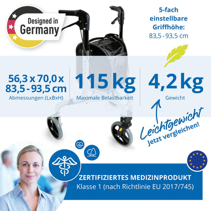Weinberger aluminum rollator with 3 wheels, foldable, with removable bag, slim, lightweight and maneuverable, stable, only 4.2 kg, color: silver, model: 02217