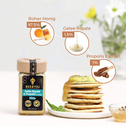Bee&You Royal Jelly & Propolis in Honey for Children, 100% natural, no additives, raw honey, fair trade, natural & controlled ingredients, 33 awards, 12 certificates