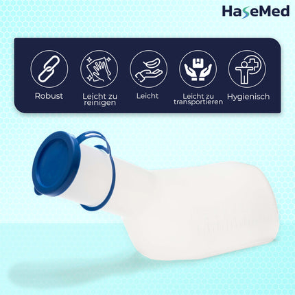 HaseMed Urinal Bottle for Men - 1000 ml, with Lid, 1 Piece | Autoclavable up to 130 °C, made of polypropylene, leak-proof & hygienic - ideal for nursing, hospital & travel