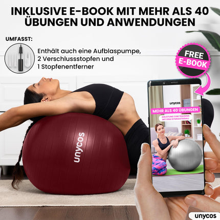 unycos - Exercise Ball 75 cm Seat Ball Training Ball for Yoga, Fitness, Medicine Ball, Balance Ball, Core Training Strength, Pilates Ball | Includes Pump, BPA-Free, Anti-Burst (Dark Pink with Logo)