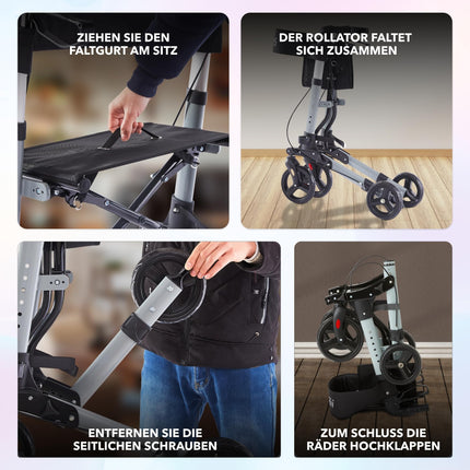 Arebos Lightweight Rollator Aluminum | Travel Rollator with 6-Way Height Adjustment | Foldable | Includes Cane Holder and Removable Shopping Bag | Walking Aid with Locking Function | Black