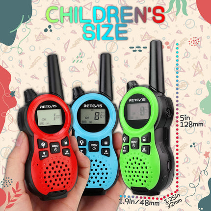 Retevis RT638 Walkie Talkie Set of 3, Children's Two-Way Radios, Long Range, Flashlight VOX 16 Channels, Toy Gifts for Birthdays, Easter, Family Games, Trips (Green, Red, Blue)