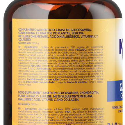 Kinoko life Glucosamine and Chondroitin – 240 capsules with MSM, marine collagen, hyaluronic acid, turmeric, black pepper, ginger, boswellia, and quercetin. For joints, cartilage, and bones.