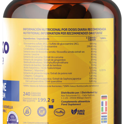Kinoko life Glucosamine and Chondroitin – 240 capsules with MSM, marine collagen, hyaluronic acid, turmeric, black pepper, ginger, boswellia, and quercetin. For joints, cartilage, and bones.