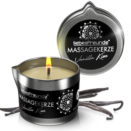 Liebesfreunde® Organic Massage Candle VANILLA KISS for sensual massages with coconut oil and aloe vera, erotic massage candle for couples, sex candle, 50 ml