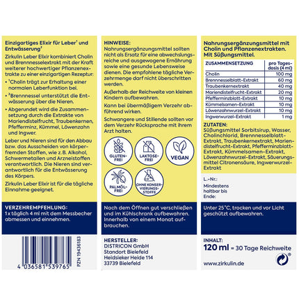 Zirkulin Liver Elixir (6 x 120 ml) – Support for liver health & cleansing – with choline, milk thistle, grape seed and nettle extract – antioxidant & diuretic – for daily use