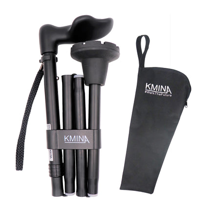 KMINA - Folding Walking Stick with Ergonomic Handle, Right, Height Adjustable, Seniors, Men, Women, Black - Made in Europe