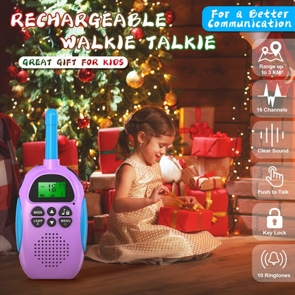 Ushining Walkie Talkie for Kids, Rechargeable Walkie Talkie with 16 Channels VOX Radio, Backlit LCD Flashlight, 3 KM Range for Outdoor Adventures, Camping, Hiking, Purple