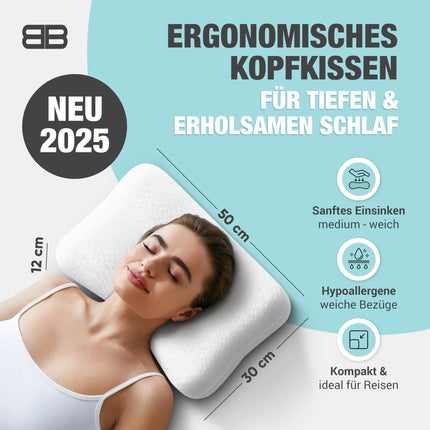 BACK BODYGUARD - The softer neck pillow, ergonomic pillow with 2 covers, orthopedic pillow - firmness: medium - soft (50 x 30 x 12 cm)