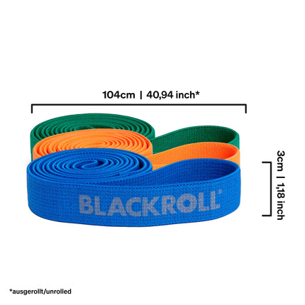 BLACKROLL® SUPER Band FITNESS BAND Set (3-pack), exercise bands for strengthening muscles, flexible resistance bands in 3 strengths: light (orange), medium (green) & strong (blue), Made in Germany
