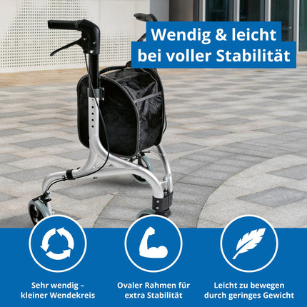 Weinberger aluminum rollator with 3 wheels, foldable, with removable bag, slim, lightweight and maneuverable, stable, only 4.2 kg, color: silver, model: 02217