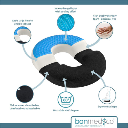 bonmedico orthopedic seat cushion - office chair, car, wheelchair seat ring - cooling gel layer - comfortable hemorrhoid & coccyx cushion - secret Santa gift - wellness black normal