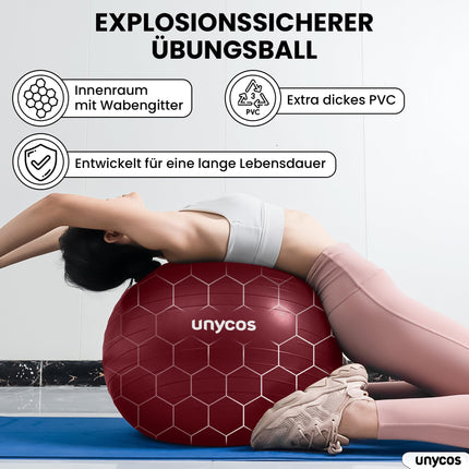 unycos - Exercise Ball 75 cm Seat Ball Training Ball for Yoga, Fitness, Medicine Ball, Balance Ball, Core Training Strength, Pilates Ball | Includes Pump, BPA-Free, Anti-Burst (Dark Pink with Logo)