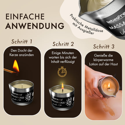Liebesfreunde® Organic Massage Candle VANILLA KISS for sensual massages with coconut oil and aloe vera, erotic massage candle for couples, sex candle, 50 ml