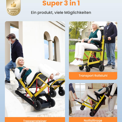 VOCIC AY04 Electric Stair Climber Wheelchair Foldable up to 220KG with Rubber Track, Electric Stair Assistance Wheelchairs, Stair Lift Medical Stretcher with LED Light for Seniors, Yellow