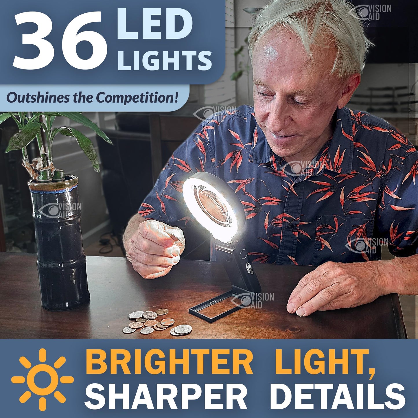 30-fache Freisprechlupe mit USB wiederaufladbar, 36 LED-Lichter, Aufbewahrungskoffer | 40-fache Lupe mit Ständer zum Lesen von Münzen, geringe Sicht