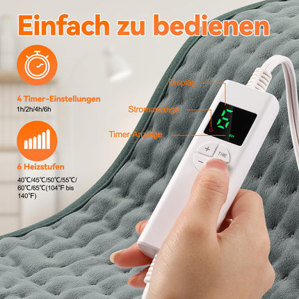 Heating pad with automatic shut-off, 30x60 cm electric heating pad with 4-hour timer and 6 heat settings, heating pad with digital remote control, machine washable heating pad for the back, gray
