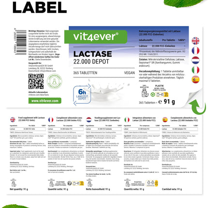 Lactase 22,000 Depot - 365 tablets with depot effect (Sepismart® Slow Release) - High dosage with 22,000 FCC units - For lactose and milk intolerance - No unwanted additives