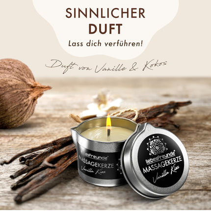 Liebesfreunde® Organic Massage Candle VANILLA KISS for sensual massages with coconut oil and aloe vera, erotic massage candle for couples, sex candle, 50 ml