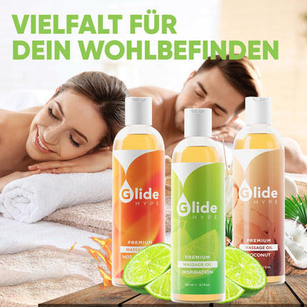 GlideHype PREMIUM Massage Oil INSPIRATION with lime scent | skin-caring lubricant for sensual massages and relaxation (150 ml)