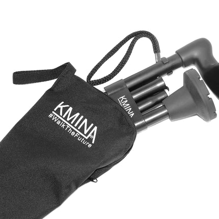 KMINA - Folding Walking Stick with Ergonomic Handle, Right, Height Adjustable, Seniors, Men, Women, Black - Made in Europe