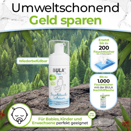 BULA® Popo (Baby and Toilet) Wet Wipe Foam 150ml for your toilet paper | Sustainable alternative for over 200 wet wipes | Natural ingredients