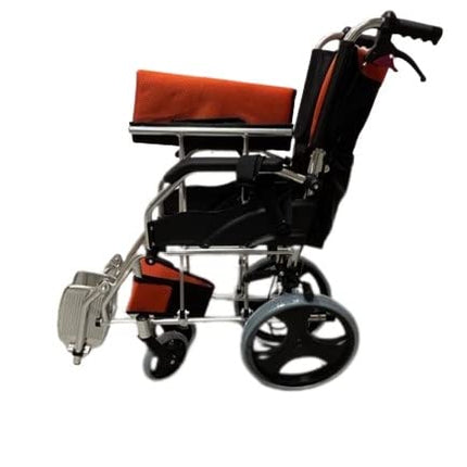 Ultralight folding aluminum wheelchair for transport with safety belt and adjustable backrest, color orange