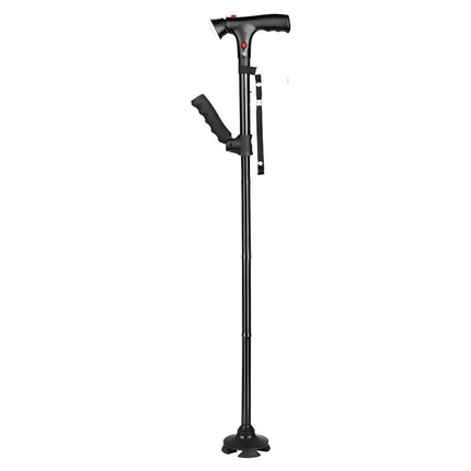 Folding Cane with LED Light and Alarm, Adjustable Armrest Cane and Walking Stick, Rotating Quad Base for Arthritis Disabled and Elderly