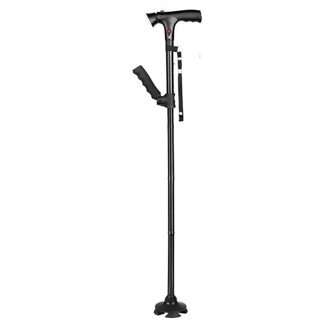 Folding Cane with LED Light and Alarm, Adjustable Armrest Cane and Walking Stick, Rotating Quad Base for Arthritis Disabled and Elderly