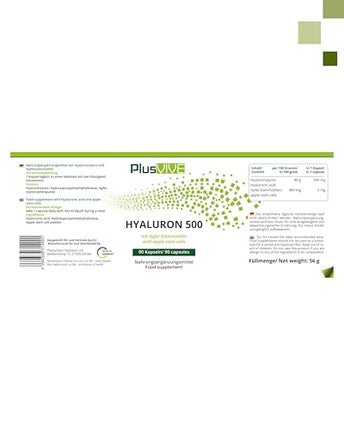 PlusVive Hyaluronic Acid Capsules High Dosage I 1 x 90 Capsules with Apple Extract I 500mg Hyaluronic Acid with 500-700 kD per Capsule I Hyaluronic Capsules I Dietary Supplement Vegan &amp; Laboratory Tested