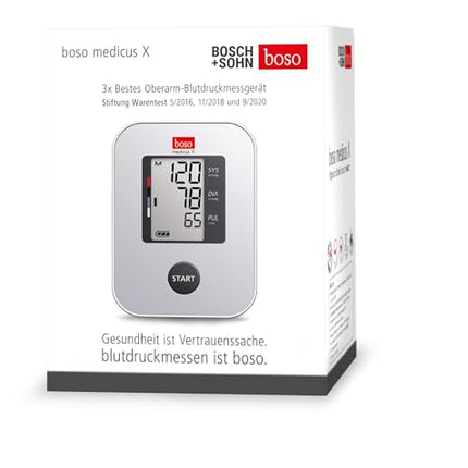 boso medicus X - Best upper arm blood pressure monitor (Stiftung Warentest 5/2016, 11/2018, and 9/2020) with one-button operation, large display, and arrhythmia detection – With standard cuff (22-32 cm)