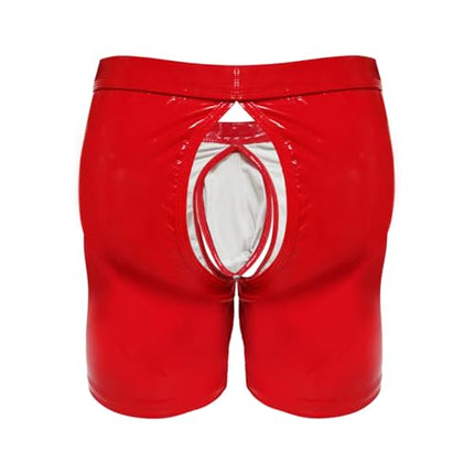 Bodywear4you men's leather boxer shorts with shiny patent leather look, open butt, wetlook sexy underwear, lingerie for men, clubwear jockstraps briefs thong with open crotch, ouvert shorts pants (red, XL)