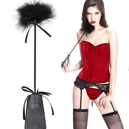 Erotic play satin black and white eye mask blindfold with feather tickler love feather, leather slapper hand spanking paddle BDSM fetish bondage set sex toy for couples SM