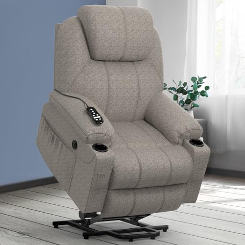 YONISEE TV Chair Electrically Adjustable, Stand-Up Aid Massage Chair with Massage Heat Function, Senior Chair, Relaxing Lounger with Footrest, 2 Side Pockets and Cup Holder, USB Ports