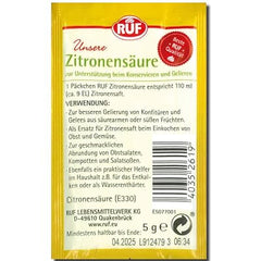 RUF citric acid, for gelling and preserving jams, as a flavor enhancer for fruit salads and salad dressings, for cleaning and descaling, 6 x 5g