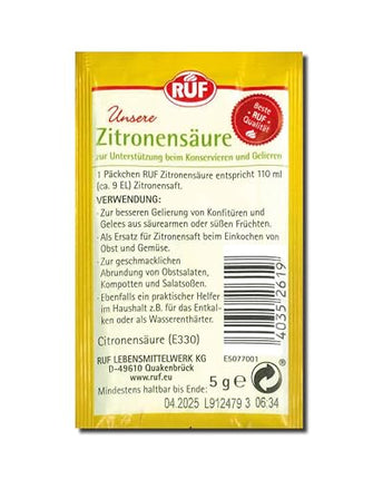 RUF citric acid, for gelling and preserving jams, as a flavor enhancer for fruit salads and salad dressings, for cleaning and descaling, 6 x 5g