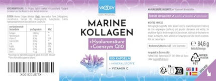 Premium Marine Collagen Combo 1000mg + Q10, hyaluronic acid, copper, manganese, vitamins C, zinc, and biotin contribute to the maintenance of normal skin and hair; Made in Austria by VROODY - test result: VERY GOOD!