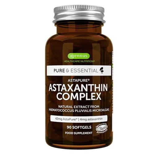 Astaxanthin Complex, vegan &amp; natural antioxidants from 42mg AstaPure, with 4mg Astaxanthin + Lutein and Zeaxanthin, 90 softgels, by Igennus