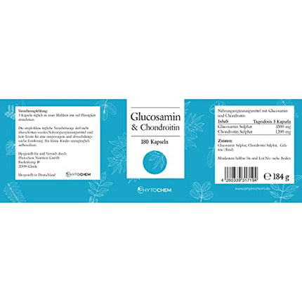 Phytochem Glucosamine and Chondroitin 180 Capsules, high dosage, 2700 mg per daily dose, no additives and laboratory tested