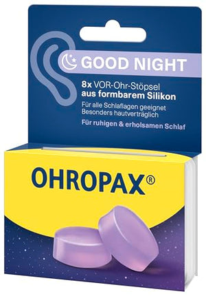 OHROPAX Good Night earplugs – pre-ear plugs made of moldable silicone – suitable for all ears and all sleeping positions – sound insulation value SNR 23 dB – for a peaceful and restful sleep – 8 pieces