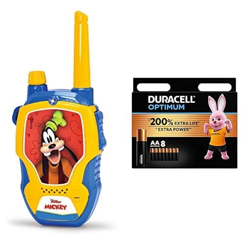 Dickie Toys – Walkie Talkie Disney Mickey Mouse 2 radios, specially designed for children from 4 years, up to 100 m range, toy radios + Duracell Optimum batteries AA, 8 pieces, up to