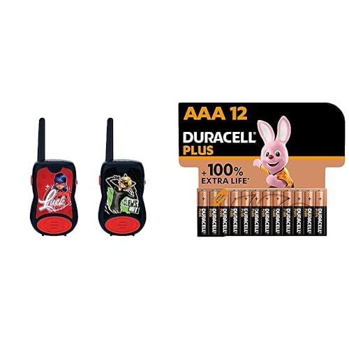 Lexibook - Miraculous Walkie Talkies, 200m, Communication Game for Children, 2 Communication Channels, Belt Clip, Black/Red, TW12MI + Duracell Plus AAA Batteries, 12 Pack, Long-Lasting Power, AAA Batteries