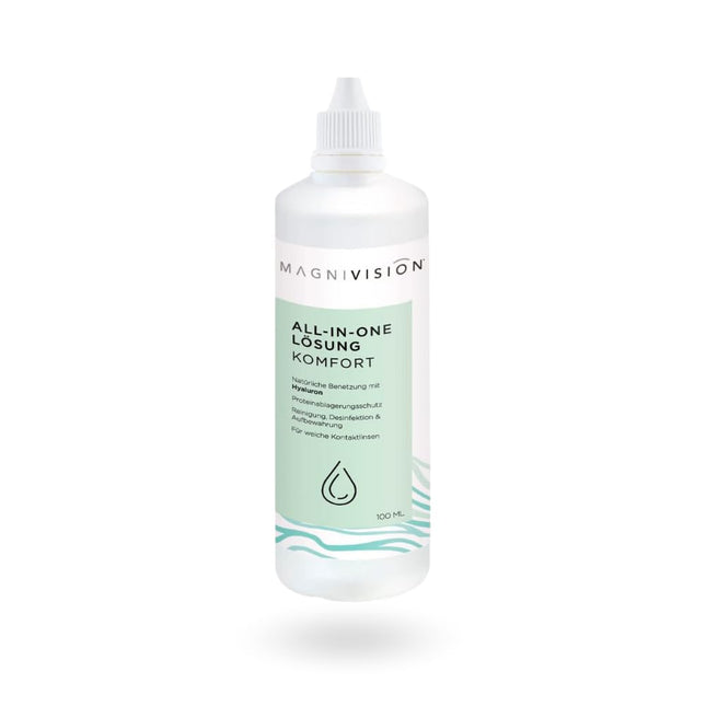 MAGNIVISION All-in-One Solution Comfort, 100ml (travel size) for soft contact lenses, for cleaning and storing soft contact lenses, borate-free, Made in Europe