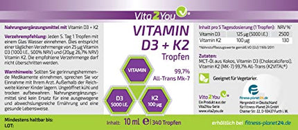 Vita2You Vitamin D3 + K2 Drops - Vitamin D3 5000 IU - Vitamin K2 100µg per drop - K2VITAL - MK-7 - 99.7% All-Trans - MCT Oil - Premium Quality - Made in Germany