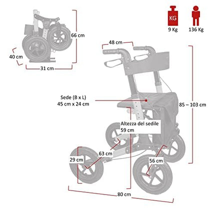 Antar travel rollator with pneumatic tires, folds multiple times for transport. AT51036