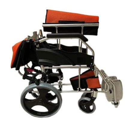 Ultralight folding aluminum wheelchair for transport with safety belt and adjustable backrest, color orange