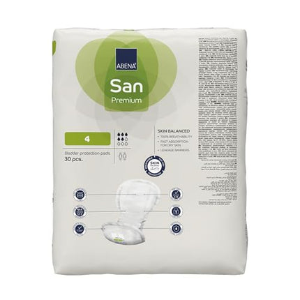 ABENA San 4 Premium Incontinence Pads 30 pieces for women and men, 800 ml absorbency, fast-absorbing incontinence products, discreet and anatomical incontinence pads for men/women