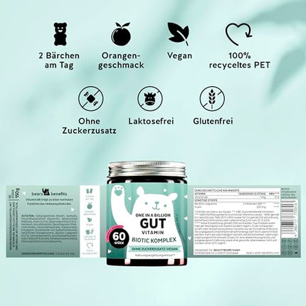 Culture Complex - Intestinal bacteria, inulin &amp; vitamin B6 - for a healthy intestinal flora - Against bloating, fullness &amp; irritable bowel syndrome - 60 pieces - Vegan - Sugar-free - Bears with Benefits